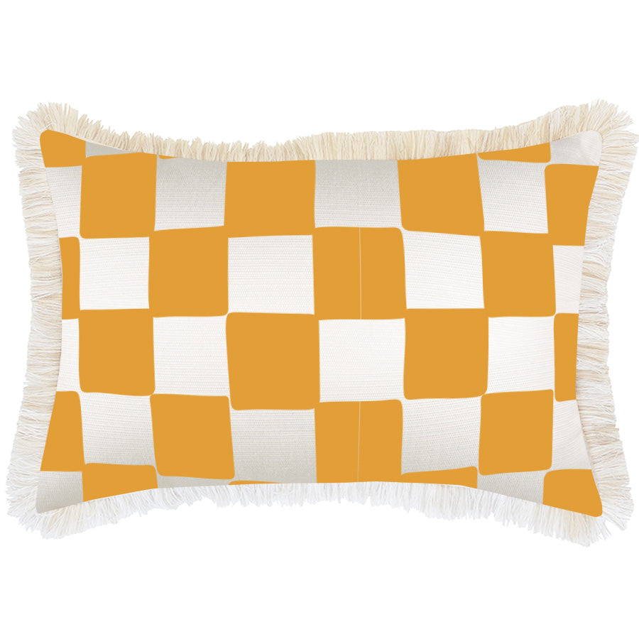 Housse de coussin-Frange côtière-Carreaux Or Blanc-35 cm x 50 cm