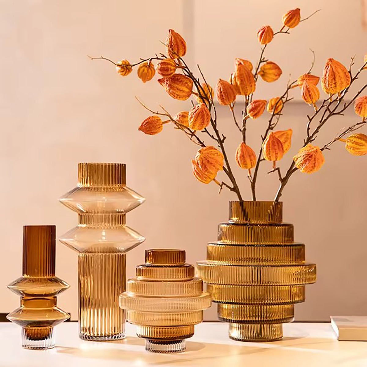 Ribbed Layered Wide Glass Vase-Medium-Amber