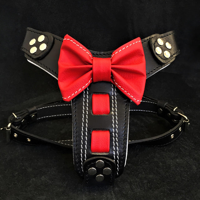 Harnais en cuir fait main « Bowtie » noir, taille petit à moyen