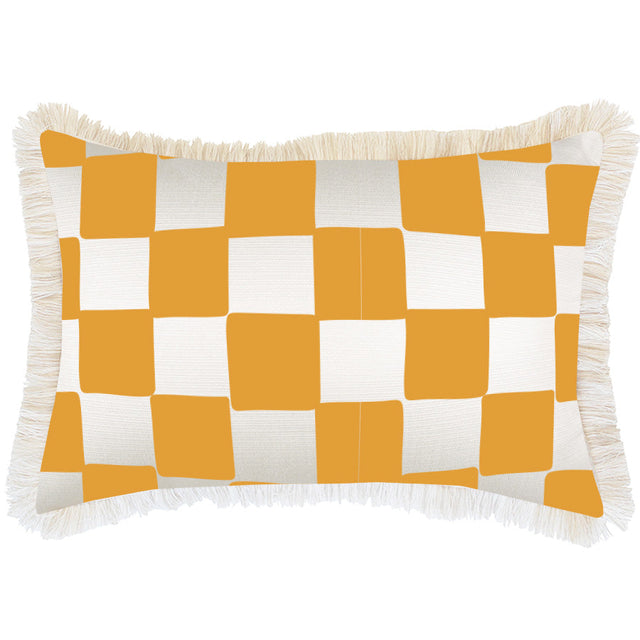 Housse de coussin-Frange côtière-Carreaux Or Blanc-35 cm x 50 cm