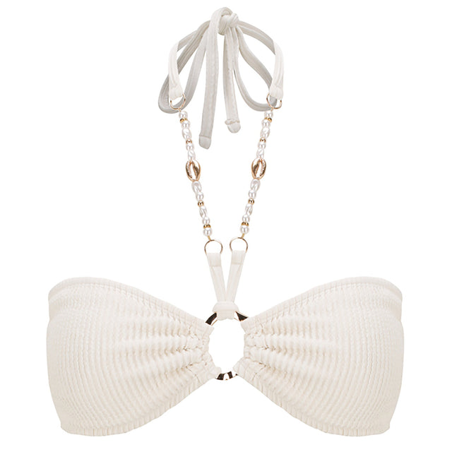 Bandeau Bikini Top-Ribbed Ivory Shell Strap